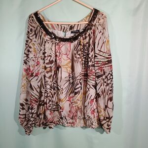 Women's Printed Blouse Beaded Neck Boho Flowy Long Sleeve Top